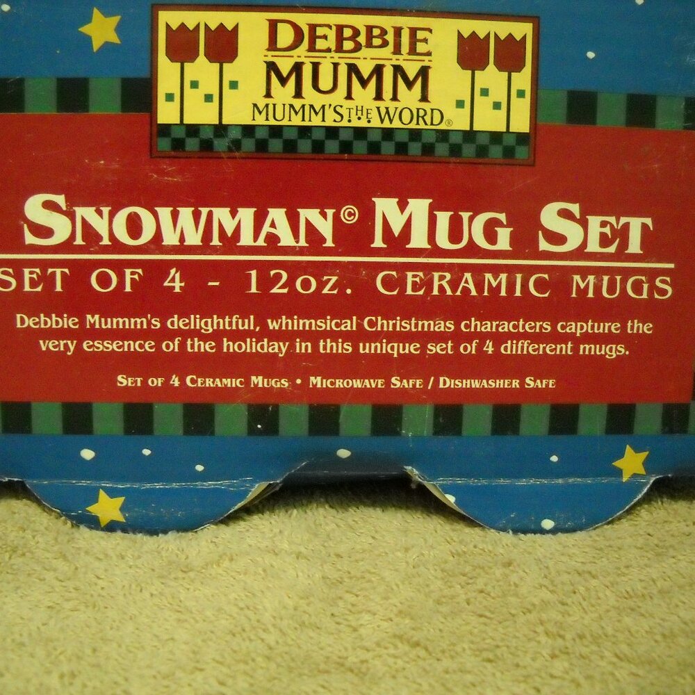 DEBBIE MUMM Vintage Set of 4 Ceramic 12oz Coffee Mugs Snowman
